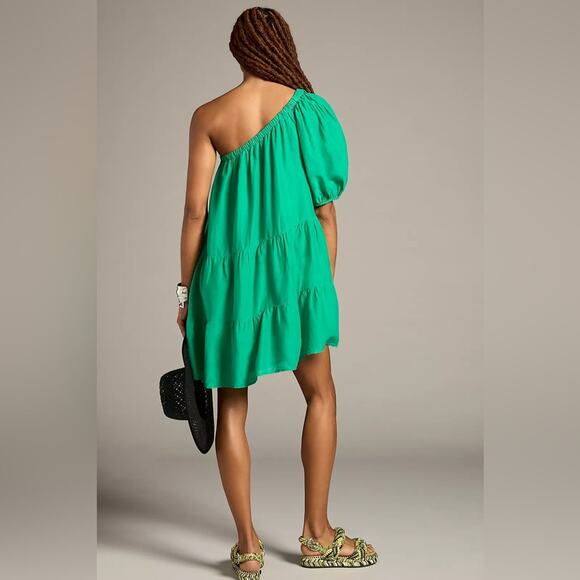 Anthropologie Green One-Shoulder Mini Dress - Picture 2 of 9